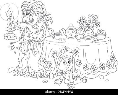 Böse Hexe mit brennender Kerze und ein fröhlicher kleiner Junge unter einem Küchentisch mit einem Teeset, der an einer dunklen Halloween-Nacht Verstecktes spielt Stock Vektor