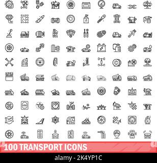 100 Transportsymbole eingestellt. Skizzieren Sie die Darstellung von 100 Transportsymbolen, die auf weißem Hintergrund isoliert sind Stock Vektor