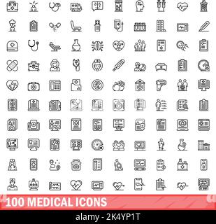 100 medizinische Symbole eingestellt. Skizzieren Sie die Darstellung von 100 medizinischen Symbolen, Vektorset isoliert auf weißem Hintergrund Stock Vektor