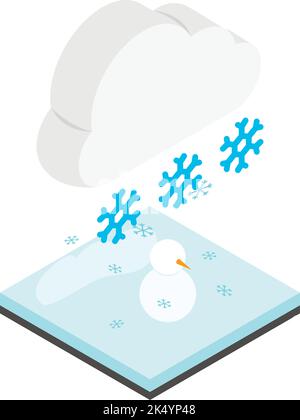 Isometrischer Vektor des Schneefall-Symbols. Schneeflocke aus der Wolke fallen auf Schneemann und Boden. Schneebedeckter Tag, Winterzeit, Wetter Stock Vektor