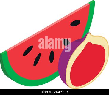 Isometrischer Vektor des Symbols für Sommerfrüchte. Frische reife Wassermelone in Scheiben und halbe Feige. Nützliche Früchte, Bio-Ernährung, gesunde Lebensweise Stock Vektor