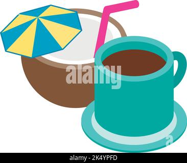 Isometrischer Vektor des Symbols für Sommergetränke. Halb Kokosnuss mit Cocktail-Stroh und Tasse Tee. Sommerzeit, erfrischendes Getränk, Kokosnuss-Cocktail-Getränk Stock Vektor