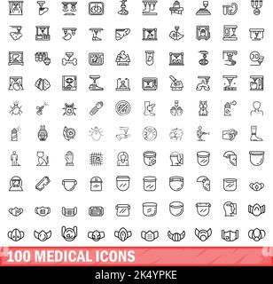 100 medizinische Symbole eingestellt. Skizzieren Sie die Darstellung von 100 medizinischen Symbolen, Vektorset isoliert auf weißem Hintergrund Stock Vektor