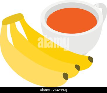 Isometrischer Vektor des Symbols für die Mittagszeit. Ein Bund gelber, reifer Bananen und eine Tasse Tee. Mittagessen, Nosh, Essen und Trinken Stock Vektor