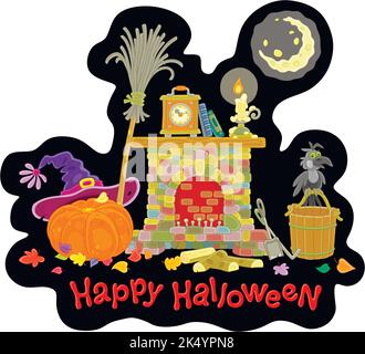 Kamin mit einer alten Uhr und einer brennenden Kerze auf einem Kaminsims, einem großen Kürbis, einem Hut, einem fliegenden Besen und anderen magischen Dingen einer Halloween Hexe Stock Vektor