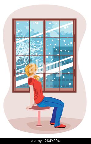 Blonde Mädchen sitzen auf dem Stuhl und Blick auf den blattlosen Baum und Gebäude hinter dem Fenster, verschneite Winter Tag Illustration. Stock Vektor