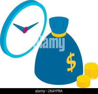 Isometrischer Vektor für das Finanzmanagement-Symbol. Uhr und Tasche mit Dollarzeichen, Münze. Geld, Finanzen, Geschäft, Zeit Stock Vektor