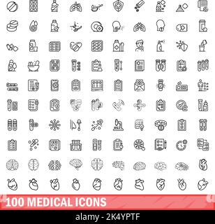 100 medizinische Symbole eingestellt. Skizzieren Sie die Darstellung von 100 medizinischen Symbolen, Vektorset isoliert auf weißem Hintergrund Stock Vektor