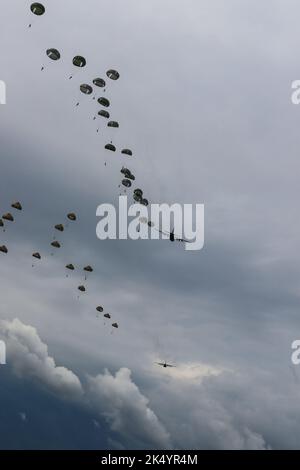 Fallschirmjäger aus 14 verschiedenen Nationen kommen im Rahmen der Übung Falcon Leap 22 am 15. September 2022 in die Hechtelse Heide Drop Zone, Belgien. Übung Falcon Leap ist eine jährliche Flugübung, die in historischen Fallzonen in den Niederlanden und Belgien durchgeführt wird, um die Interoperabilität zwischen Verbündeten und internationalen Partnern zu fördern. (USA Armeefoto von Sgt. Catessa Palone) Stockfoto