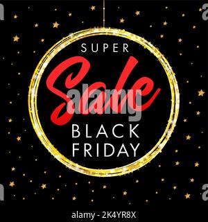 Black Friday Super Sale goldenes Symbol. Poster mit glänzender Kugel, schwarzem Hintergrund und Sternen. Werbeflyer Konzept. Isolierte abstrakte Elemente. Stock Vektor