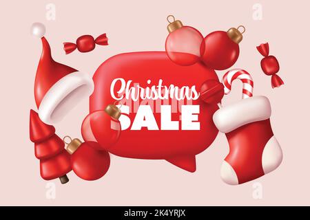 Weihnachts-Sale-Banner mit Weihnachtsdekoration. Vektor-Illustration in Cartoon realistische 3D Stil Stock Vektor