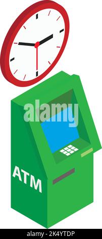 Isometrischer Vektor des bankautomaten-Symbols. Rote Wanduhr und modernes grünes symbol für geldautomaten. Bargeldbeschnahme und -Abgabe, moderne Technologie Stock Vektor