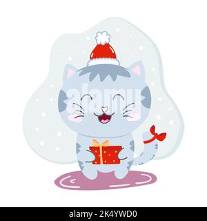 Katze mit Weihnachtsmannmütze und Geschenkbox für frohe Weihnachten. Lustiges Kritzeltier in Cartoon-Stilleee-Freunden. Vektordarstellung Stock Vektor