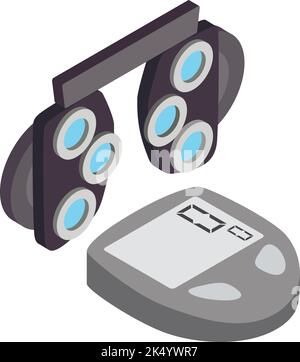 Symbol für Augenuntersuchung isometrischer Vektor. Symbol für optischen Phoropter und Messwerkzeug. Moderne optometristische Ausrüstung, ophthalmologisches Konzept Stock Vektor
