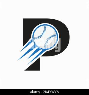 Anfangsbuchstabe P Baseballlogo Konzept mit beweglichem Baseballsymbol Vektor Vorlage Stock Vektor