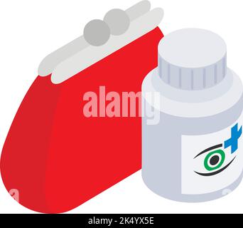 Symbol für Offline-Apotheke isometrischer Vektor. Pillenbehälter, leuchtend rote Retro-Brieftasche. Pharmazeutisches Konzept, Pharmakologie, Gesundheitswesen Stock Vektor