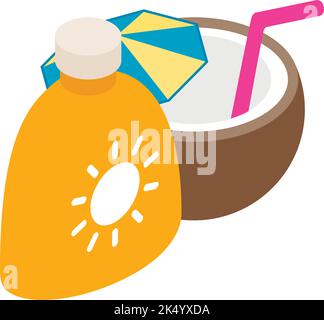 Isometrischer Vektor des Symbols „Strandurlaub“. Sommercocktail und Sonnenschutzcreme. Sommer-Accessoire, Urlaub am Meer, Sommer Stock Vektor