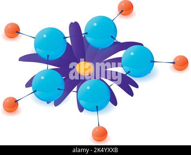 Isometrischer Vektor mit blauem Blumensymbol. Blühende Blume und bunte Molekül Symbol. Biologie und Botanik, Pflanzengenetik, Biotechnologie Stock Vektor