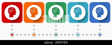 Kopf, Gehirn, Mensch, Schaltkreissymbole, Infografik-Vorlage, Satz flacher Designsymbole in 5 Farboptionen Stock Vektor