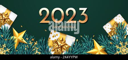 2023 Frohes Neues Jahr Banner. Hintergrund-Design Glitter Schnee, grünen Baum, Grußbox und Gold Konfetti Stock Vektor
