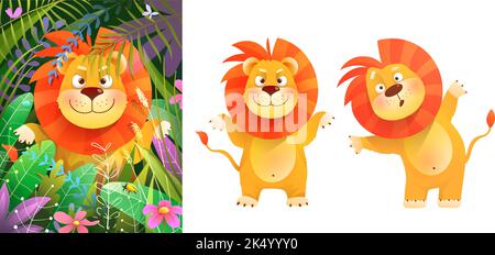 Baby Lion im Dschungel und isoliertes Lion Clipart Set Stock Vektor