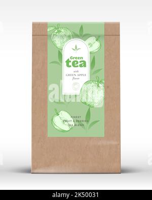 Craft Paper Bag mit Obst und Beeren Tee Label. Realistisches Vektor-Beutel Verpackungsdesign Layout. Moderne Typografie, handgezogene Äpfel und Blätter Stock Vektor