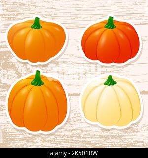 Kürbis Sticker Set für Halloween oder Thanksgiving. Niedliche Aufkleber mit Gemüse auf einem hölzernen Hintergrund. Vektorgrafik. Stock Vektor