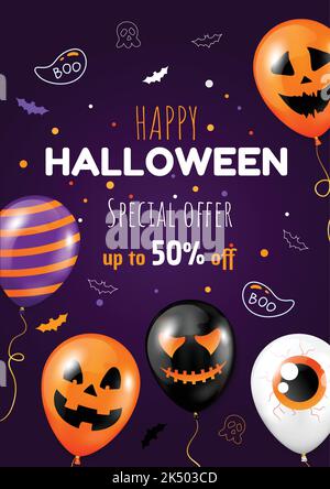 Happy Halloween Rabatt Banner mit Luftballons. Stock Vektor