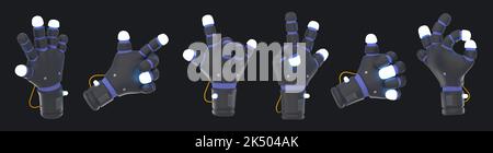 Robot Hands 3D Render, Chatbot oder Cyborg Gesten ok, zeigend, Sieg, Daumen hoch, Rock, Offene Handfläche. Futuristische schwarze und blaue bionische Arme mit isolierten Drähten Illustration im Cartoon-Kunststoff-Stil Stockfoto