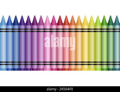 Ein buntes Regenbogengradient von Buntstiften, die in einer Reihe aufgereiht sind Stock Vektor