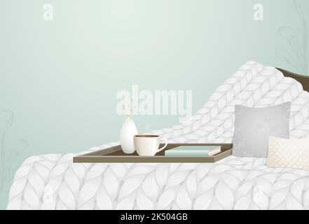 Eine Plüsch-Strickdecke, ein Tablett und Kissen mit Copyspace in beruhigenden Farben Stock Vektor