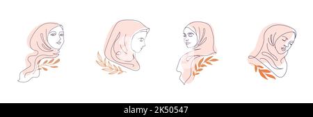 Frauen in Hijab Kollektion, Vektor-Logo und Branding Design-Vorlagen in minimalem Stil, für Beauty-Center, Modestudio, Friseursalon und Kosmetik Stock Vektor