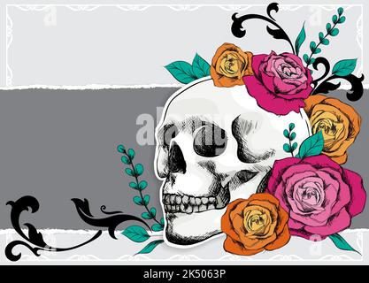 Ein handskizzierter Totenkopf und florales Design mit Copyspace Stock Vektor