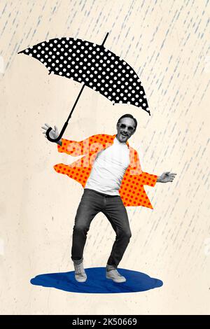 Collage 3D Bild von Pinup Pop retro Skizze von cool aufgeregt reifen Senior Kerl zu Fuß genießen regnerisches Wetter isoliert Malerei Hintergrund Stockfoto