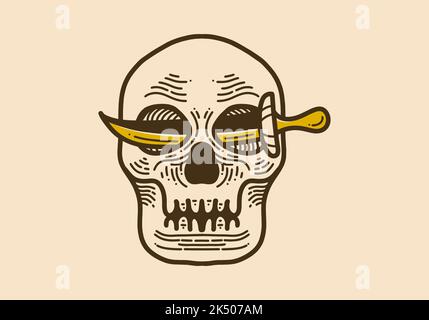 Vintage Stil Illustration Design eines Schädels mit einem Schwert zwischen zwei Augen Stock Vektor