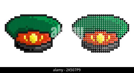 Pixelsymbol. Offizierskappe, Kopfschmuck mit Kakade des Militärgenerals. Einfache Retro-Spiel Vektor isoliert auf weißem Hintergrund Stock Vektor