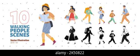 „Walking People“-Szenen eingestellt. Frau mit Einkaufstaschen, Mädchen Tourist mit Karte, Lieferung Mann mit Rucksack auf Skateboard, Schuljunge und Geschäftsmann, Vektor schwarz und weiß, farbige Skizze Illustration Stock Vektor