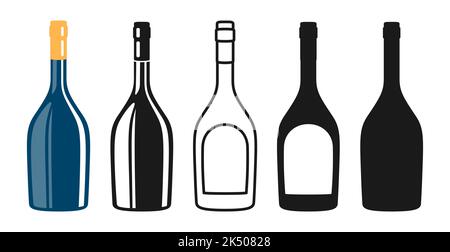 Weinflasche Symbol Set, Silhouette, Ikone, Stempel Gravur Design. Alkoholische Getränke Sekt Champagner Likör. Feier Weinherstellung Werbung Flaschen Mockup für Bar, Café Restaurant Vektor Stock Vektor