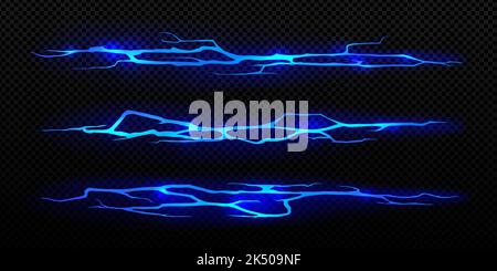Magisches Leuchten in Bodenrissen, blaue geheimnisvolle leuchtende Textur in Risslöchern oder zerstörten Landflächen. Zerstörung, Energiesplit, Schaden Spaltwirkung, gefrorenes Wasser, realistisches 3D Vektor isoliertes Set Stock Vektor