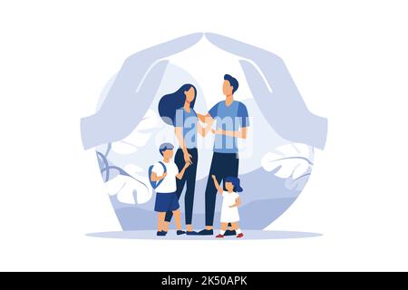 Glückliche wohlhabende Familie in Blumen, Mutter Vater Tochter Sohn Kuscheln zusammen in der Nähe Familie Schutz Vektor Familie Konflikt Wohnung modernes Design illu Stock Vektor