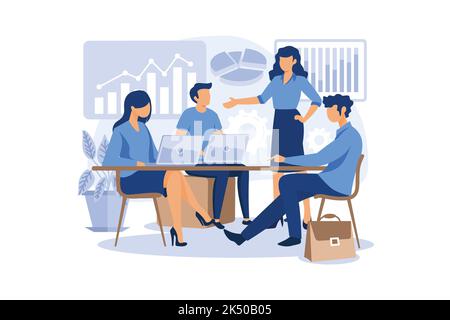 Büroangestellte studieren Infografiken auf einem Säulendiagramm, analysieren die evolutionäre Skala, Geschäftsverhandlungen flach modernes Design Illustration Stock Vektor