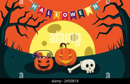 Halloween Party Flaches Design. Mit Kürbis, Zuckerrohr und Schädel. Halloween-Nacht-Vektor-Illustration. Stock Vektor
