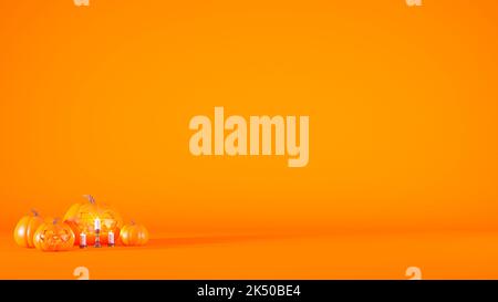 Orangefarbenes Halloween-Konzept mit Kürbissen, Laternen und Kerzen. Minimalistisches und modernes 3D-Rendering der Halloween-Hintergrundidee. Stockfoto