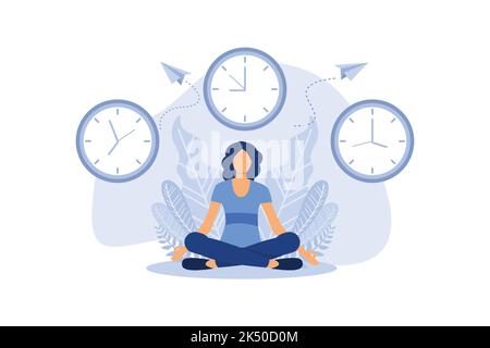 Konzept der Meditation während der Arbeitszeit, Pause, gesundheitliche Vorteile des Körpers, des Geistes und der Emotionen, Denkprozess Vektor flach modernes Design illustrat Stock Vektor