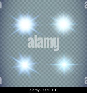 Leuchteffekt mit weißen und blauen Funken, die mit speziellem Licht leuchten. Weiß leuchtendes Licht. Sternenlicht von Strahlen. Die Sonne ist beleuchtet. Hell Stock Vektor