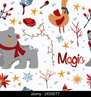 Nahtlose Muster mit einem niedlichen Eisbären im Schal, witzige Wintergans, Schriftzügen-Magie, leuchtende Blumen, farbige Blätter. Weihnachten In Skandinavien. Vektorgrafik. Stock Vektor