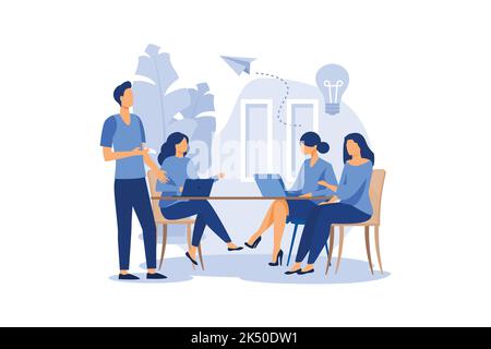 Geschäftsleute diskutieren soziale Netzwerke, Nachrichten, soziale Netzwerke, Chat, Dialog Sprechblasen, Neue Projekte, Idee Vektor flach modernes Design Illustration Stock Vektor