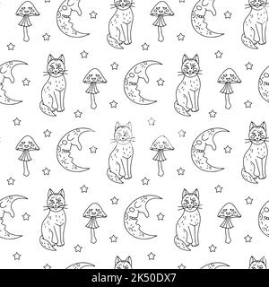 Halloween Nahtloses Muster mit niedlichen Cartoon-Katzen, Halbmonden und giftigen Pilzen auf weißem Hintergrund Stock Vektor
