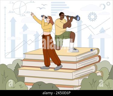 Flache Geschäftsleute, die auf einem Stapel Bücher bleiben und in Ferngläser und Spyglass schauen. Mitarbeiter suchen nach Arbeitsstrategien oder Kenntnissen. Charaktere erkunden neue Horizonte. Wachstum der persönlichen Intelligenz. Stock Vektor