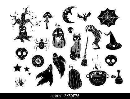 Handgezeichnete schwarze Halloween Silhouetten Illustrationen Stock Vektor